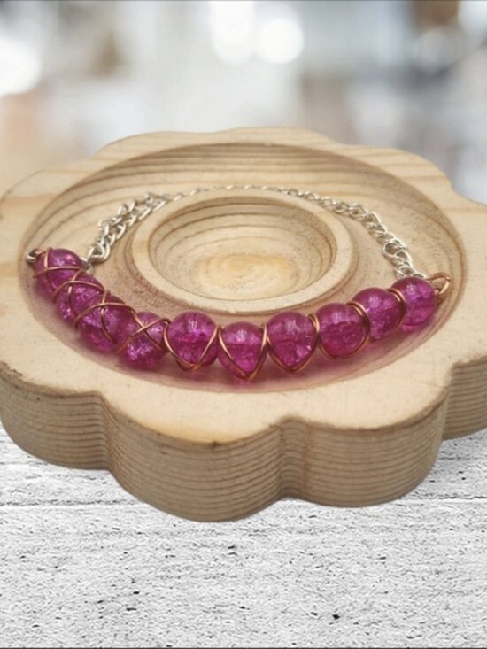 Jewelry - Handmade Wire-wrapped Adjustable Pink Beaded Bracelet
